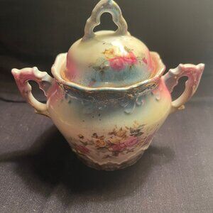 English Sugar Bowl Double-Handled Lidded Floral Paint and Gold Trim